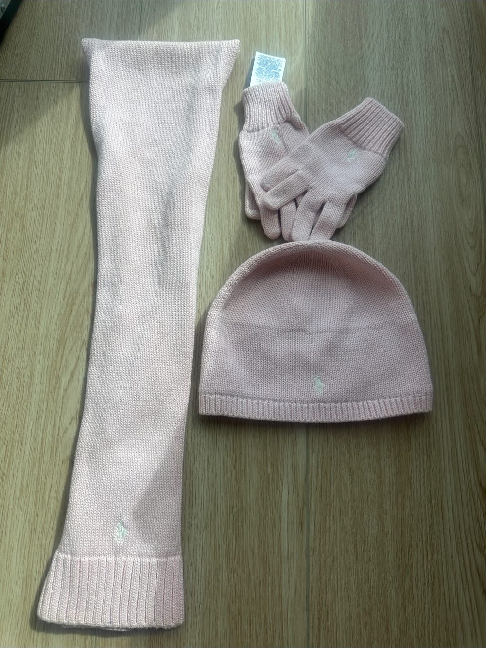 Ralph Lauren Girls Pale Pink Knit Hat, Scarf & Gloves Set